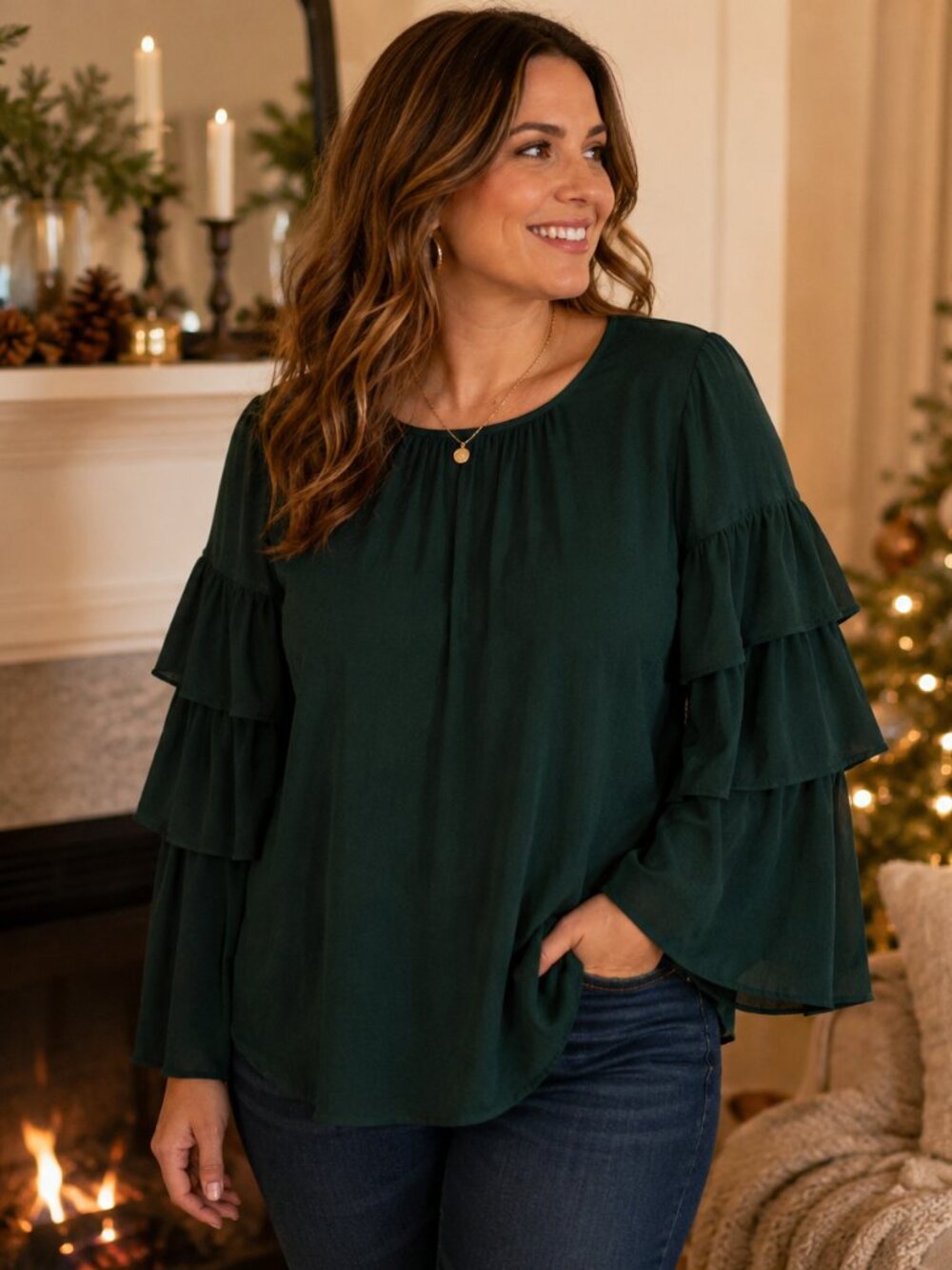 Madewell green silk ruffle sleeve blouse h3496